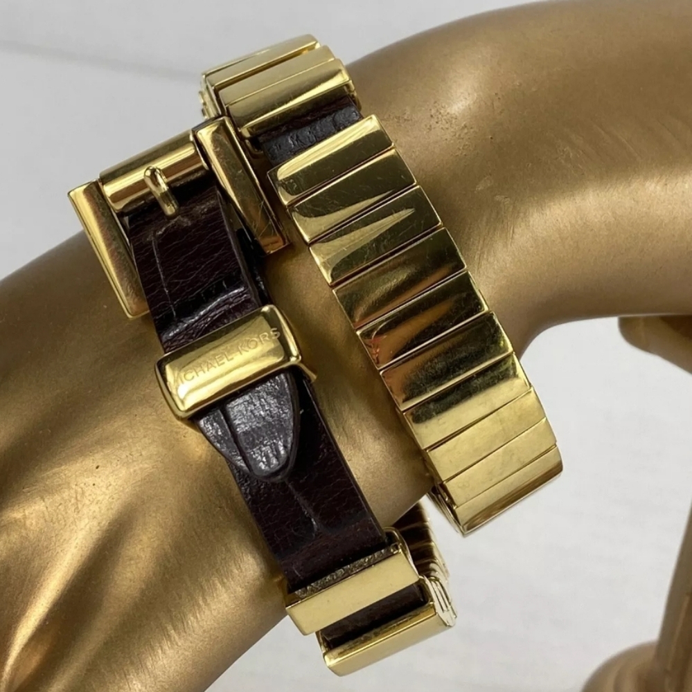 Michael Kors, Gold Bracelet  Sliding Medal Wrap Brown Croc Embossed Leather, EUC